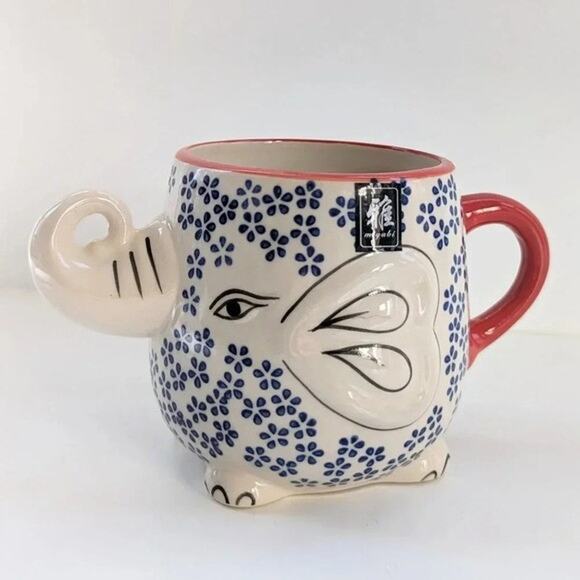 🐘 Yokohama Studio Japan Ceramic & Enamel Blue Floral Elephant Mug (4 Available) - Picture 3 of 11